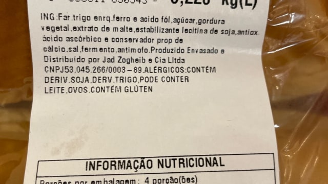 Rótulo do produto Pão Hambúrguer Baby