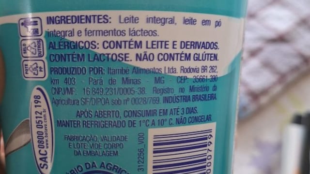 Rótulo do produto Iogurte Natural