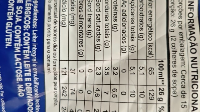 Rótulo do produto Leite Integral em Pó