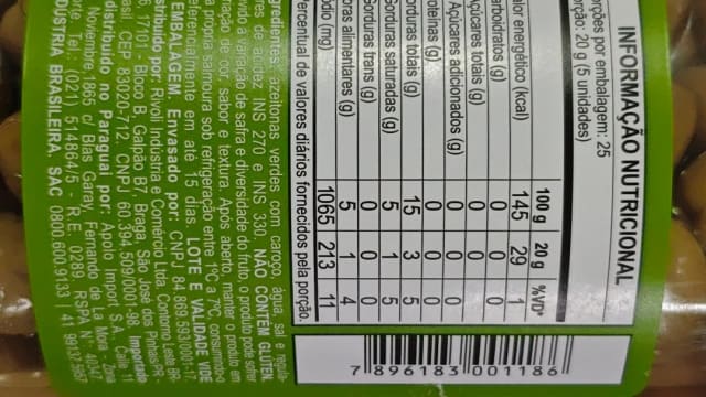 Rótulo do produto Azeitonas verdes com caroço