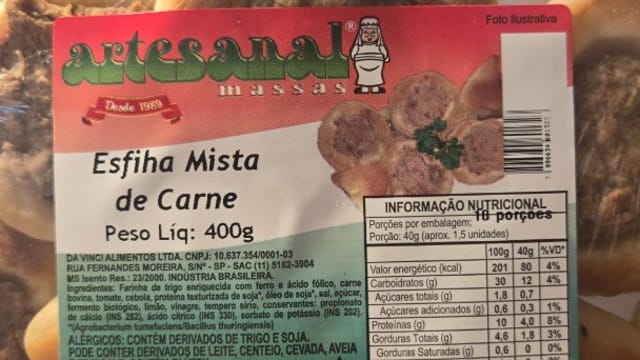 Rótulo do produto Esfiha Mista de Carne Artesanal Massas