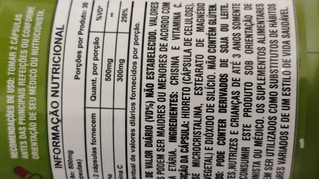 Rótulo do produto Crisina e Vitamina C