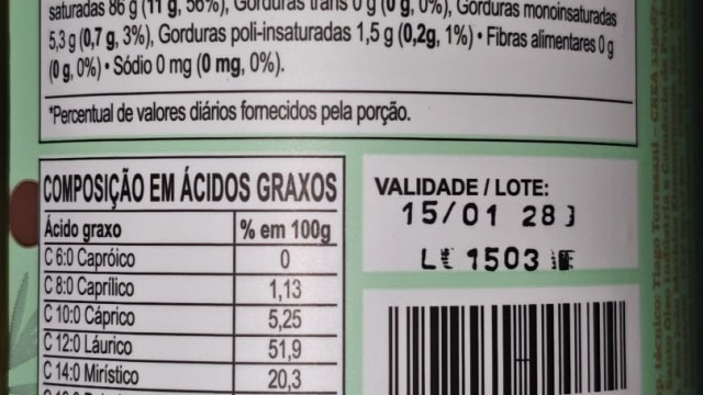Rótulo do produto Óleo de Coco