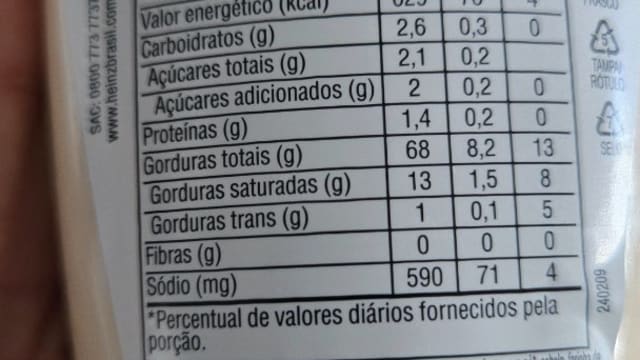 Rótulo do produto Maionese Heinz