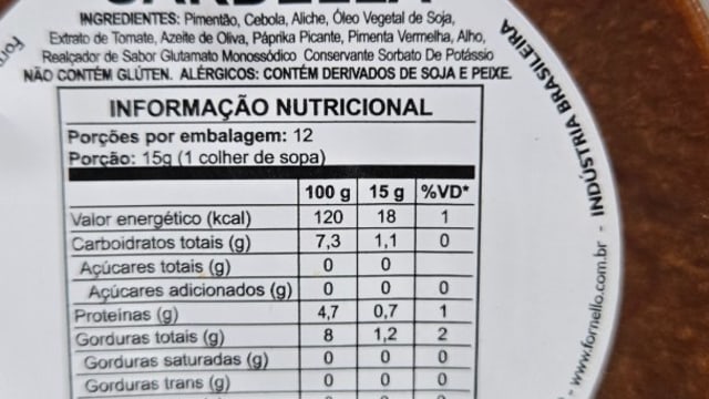 Rótulo do produto Sardella