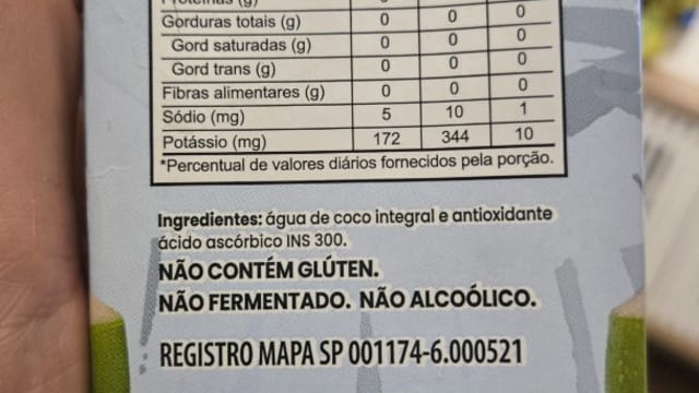 Rótulo do produto Água de Coco Integral