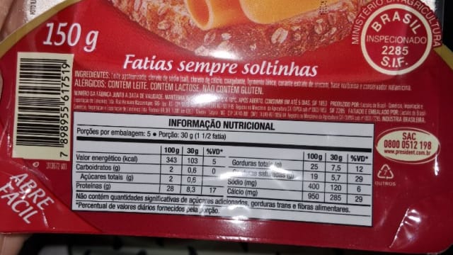 Rótulo do produto Queijo Prato Fatiado