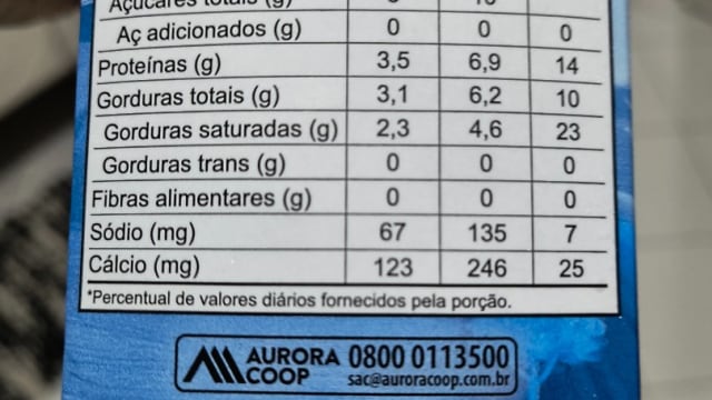 Rótulo do produto Leite Integral Aurora