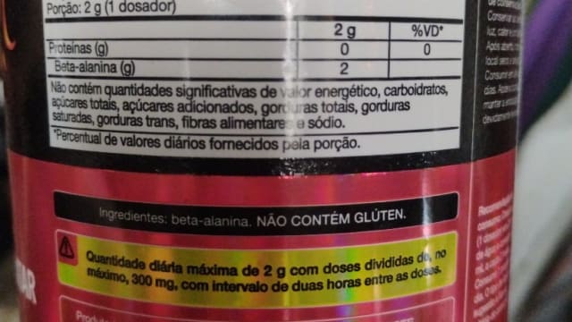 Rótulo do produto Suplemento de Beta-Alanina