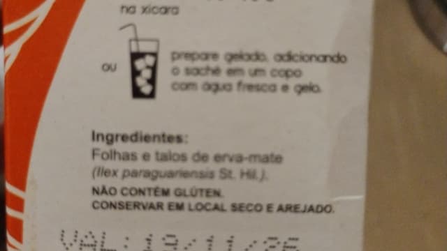 Rótulo do produto Chá de Erva-Mate