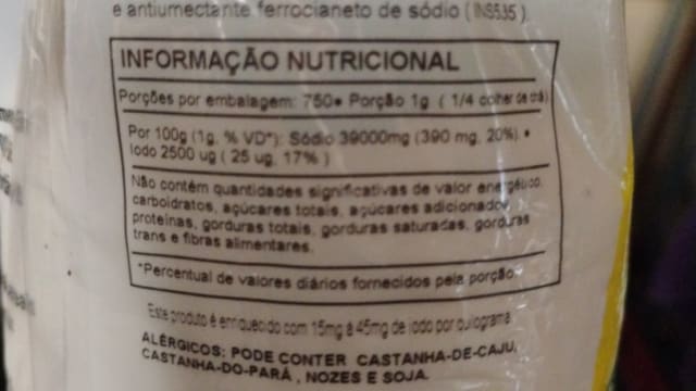 Rótulo do produto Sal Refinado