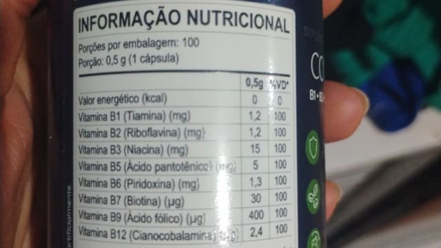 Rótulo do produto Suplemento de Vitaminas do Complexo B