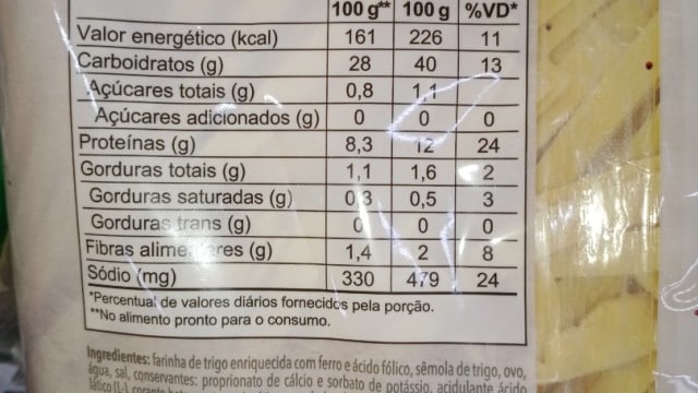 Rótulo do produto Massa Leve - Macarrão Fresco