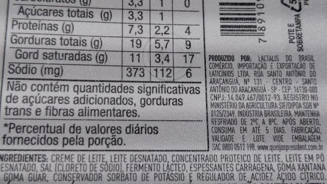 Rótulo do produto Queijo Cremoso President