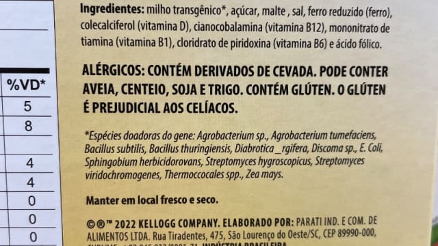 Rótulo do produto Cereal Matinal de Milho Kellogg's
