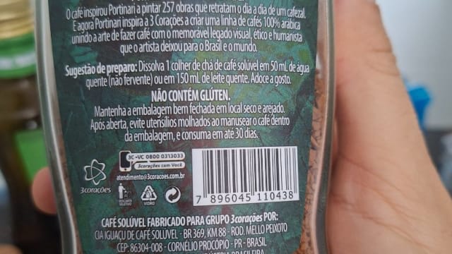 Rótulo do produto Café Solúvel 3 Corações Portinari