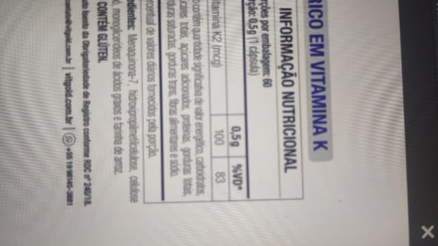Rótulo do produto Vitamina K2 (Vitgold)
