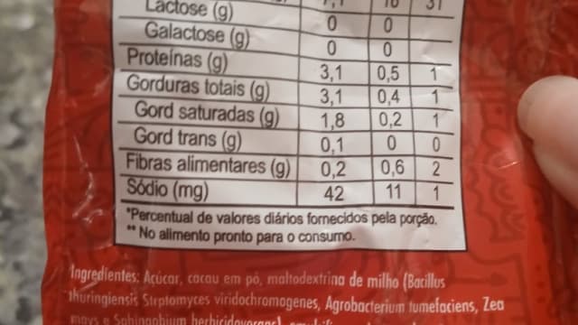 Rótulo do produto Achocolatado em Pó