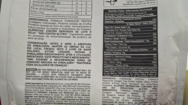Rótulo do produto Formula Pureblend Protein Baunilha