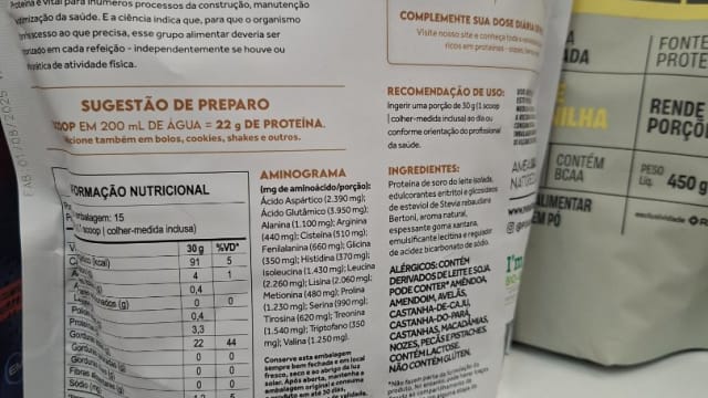 Rótulo do produto Puravida Whey Protein Isolado Baunilha