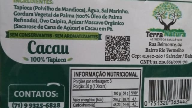 Rótulo do produto Biscoito de Tapioca Cacau - Avoador da Chapada