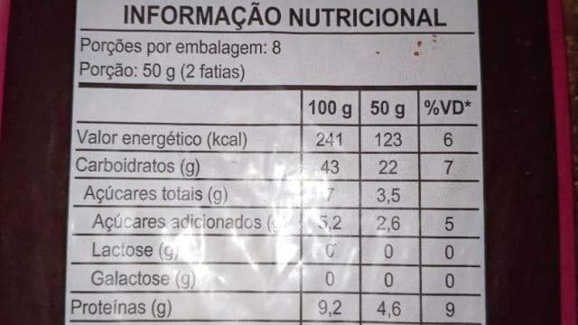 Rótulo do produto Pão Integral Sem Farinha Branca