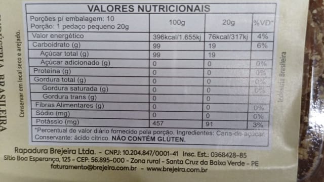 Rótulo do produto Rapadura Brejeira