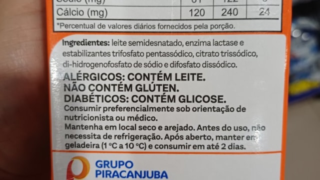 Rótulo do produto Leite Semidesnatado Zero Lactose Piracanjuba