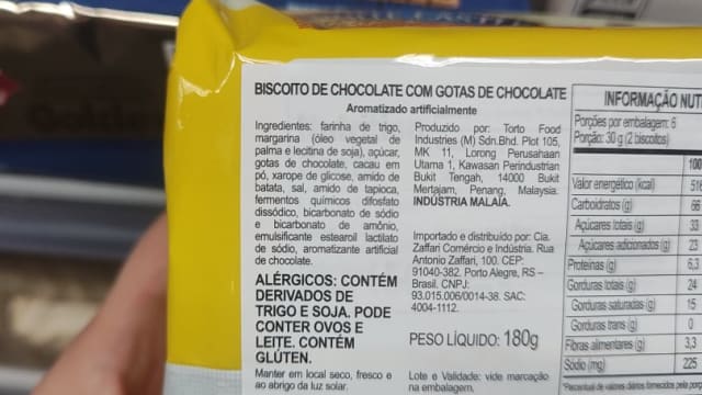 Rótulo do produto Biscoito de Chocolate com Gotas de Chocolate