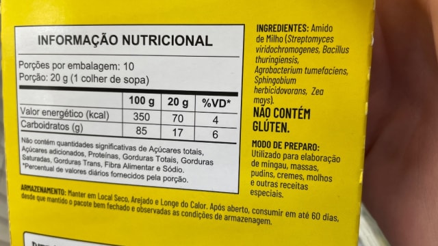 Rótulo do produto Amido de Milho
