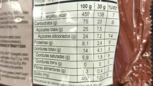 Rótulo do produto Biscoito Doce sabor Cacau