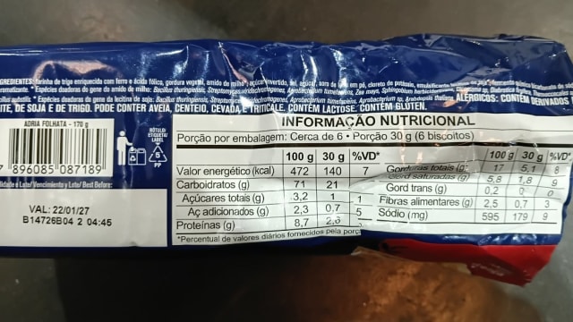Rótulo do produto Biscoito Adria Folhata