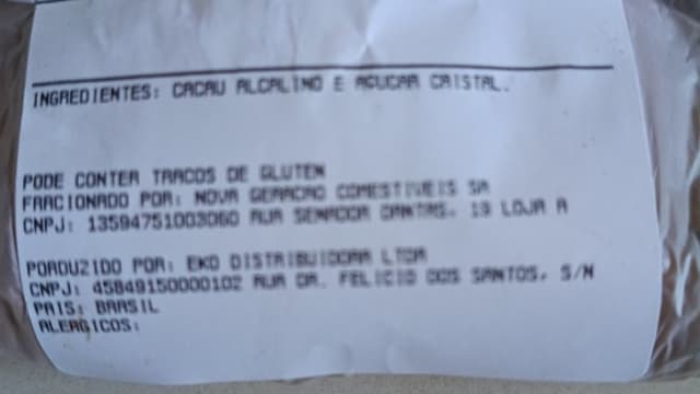 Rótulo do produto Cacau Alcalino com Açúcar Cristal