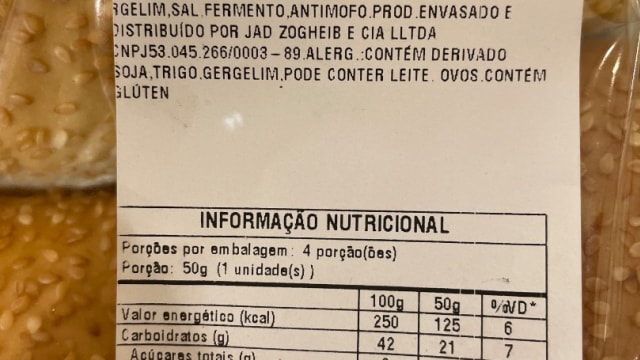 Rótulo do produto Pão com Gergelim