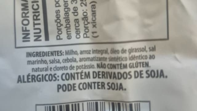 Rótulo do produto Snack de Milho e Arroz Integral com Salsa e Cebola