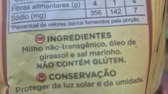 Rótulo do produto Snack de Milho
