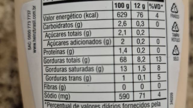 Rótulo do produto Maionese Heinz