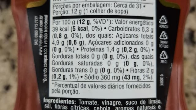 Rótulo do produto Ketchup Heinz Zero Açúcar