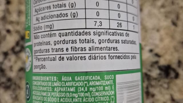 Rótulo do produto Refrigerante de Limão de Baixa Caloria