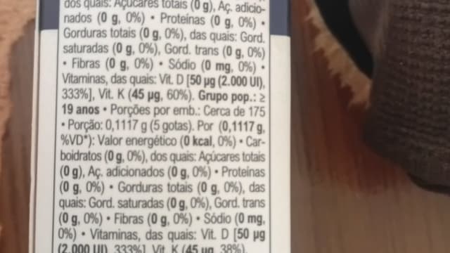 Rótulo do produto Suplemento de Vitamina D3 + K2 em Gotas