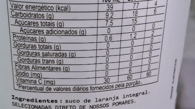 Rótulo do produto Suco de Laranja Integral