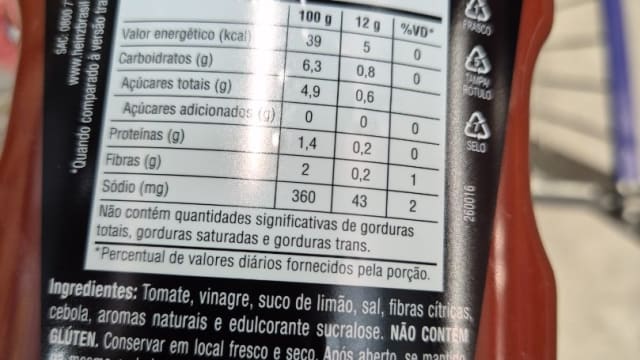 Rótulo do produto Ketchup Heinz Zero Açúcar