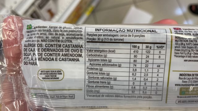 Rótulo do produto Torrone com Castanha de Caju
