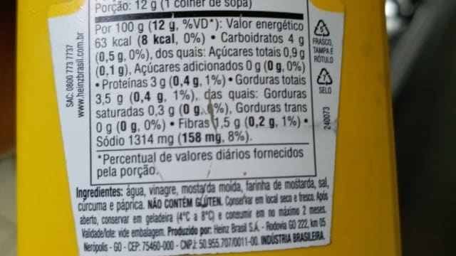 Rótulo do produto Mostarda Amarela Heinz