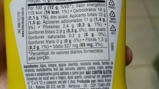 Rótulo do produto Mostarda Heinz com Mel