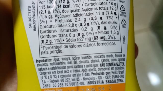 Rótulo do produto Mostarda Heinz com Mel