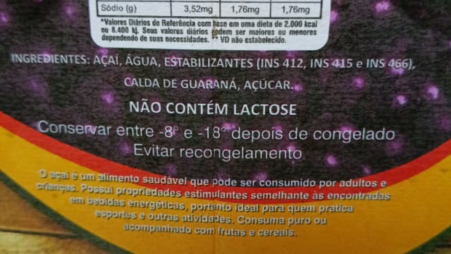 Rótulo do produto Açaí com Calda de Guaraná