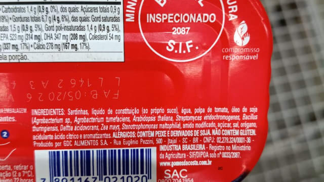 Rótulo do produto Sardinha em Molho de Tomate Gomes da Costa