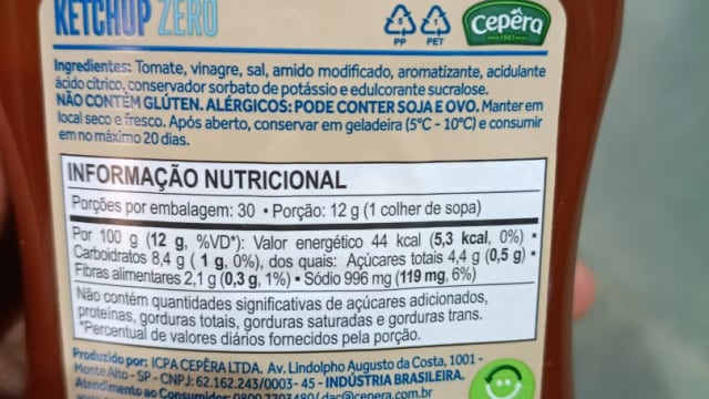 Rótulo do produto Ketchup Zero Cepêra