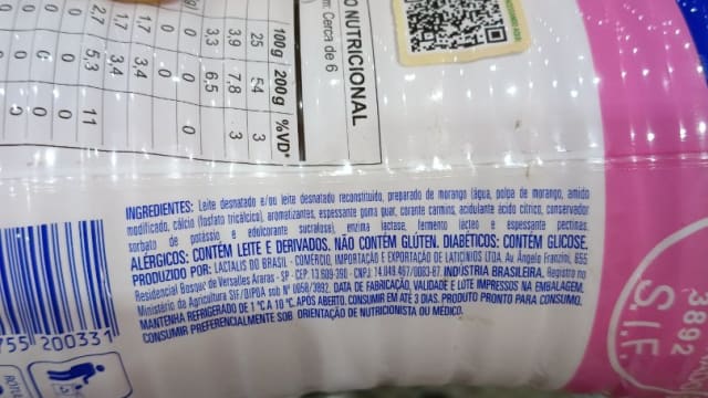 Rótulo do produto Iogurte Desnatado Sabor Morango Zero Lactose